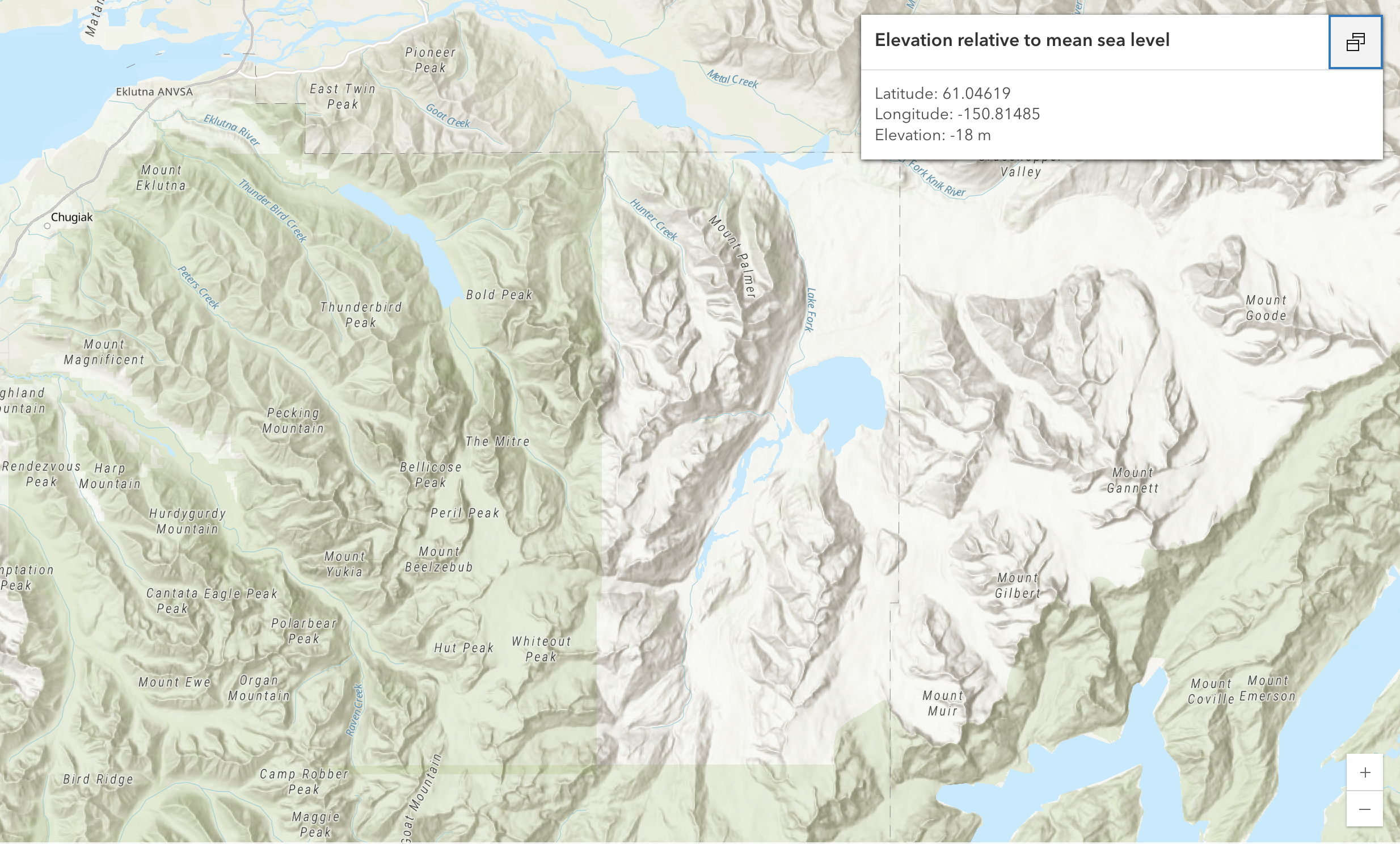 A green, beige and blue map showing the elevation relative to mean sea level